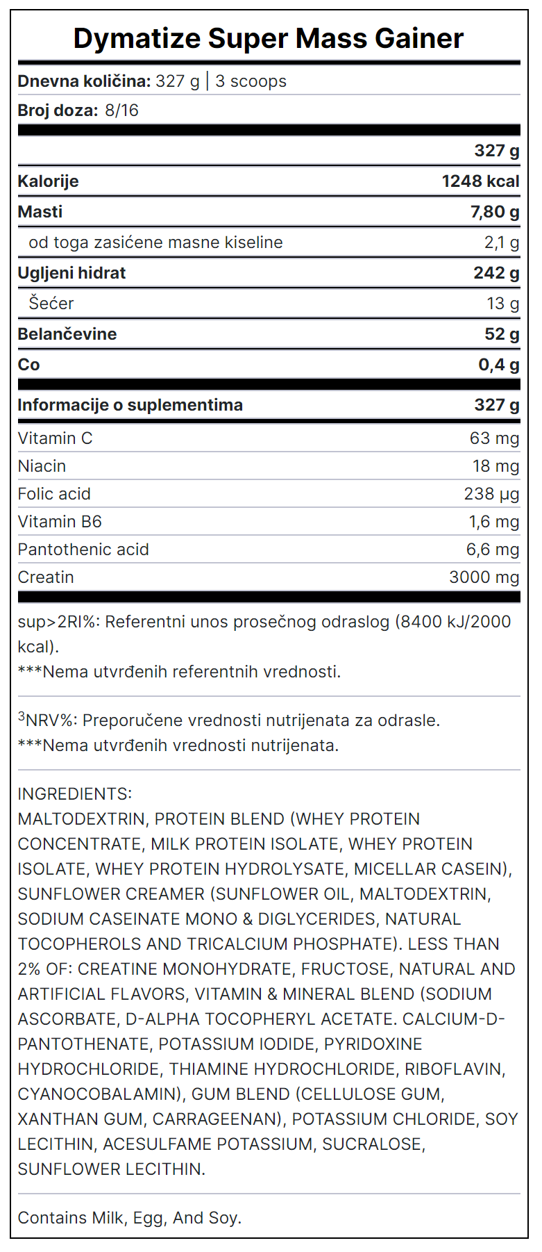 DEKLARACIJA PROIZVODA DYMATIZE SUPER MASS GAINER