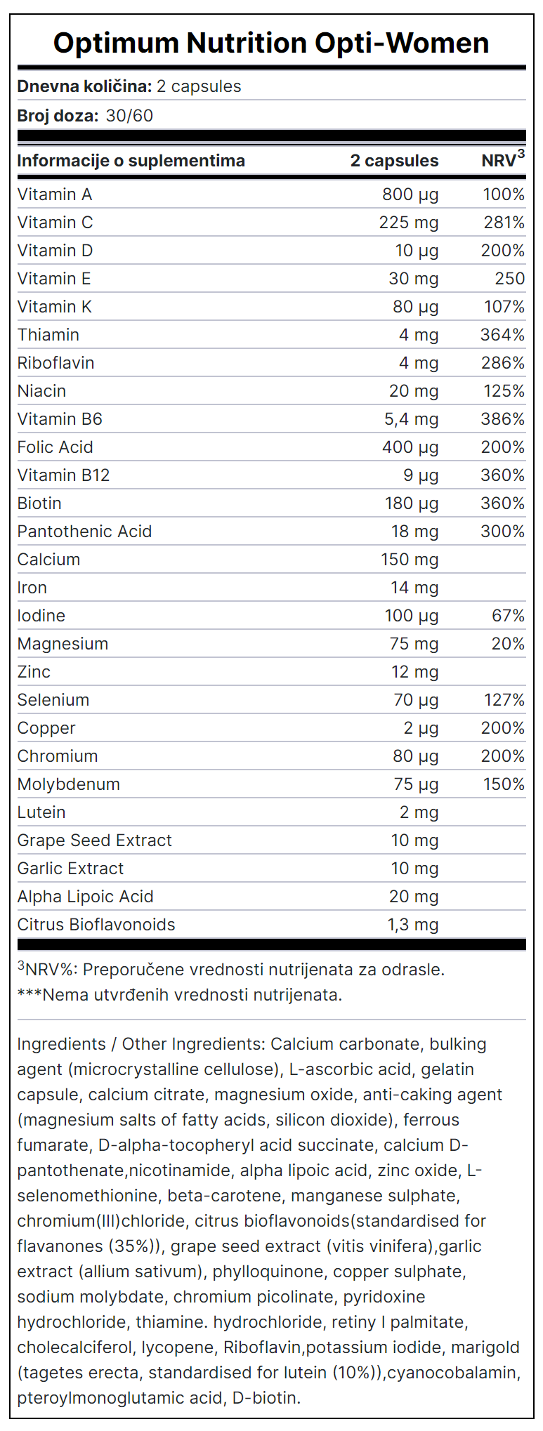 DEKLARACIJA PROIZVODA OPTI-WOMEN OPTIMUM NUTRITION